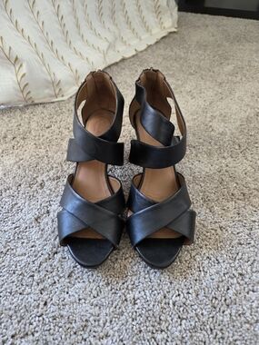 Clarks Black Leather Crisscross Heeled Sandals